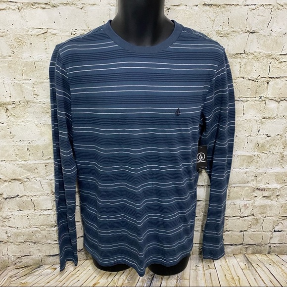 NWT Volcom Gray Blue Striped Parables Long Sleeve Crew T Shirt - Picture 1 of 5